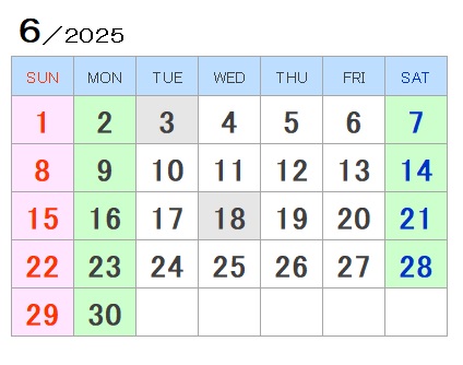 2025年6月カレンダー
